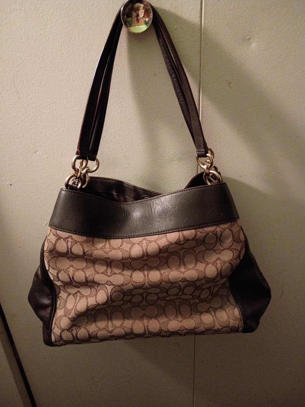 Coach Brown Signature Canvas Shoulder Bag with Dark Leather Trim